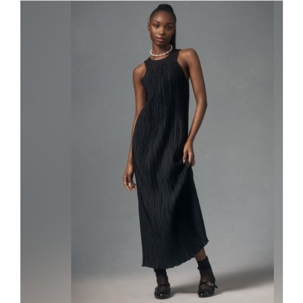 Anthropologie Indie Elegant Plissé Maxi Dress Scandi Minimalist Capsule M Black
